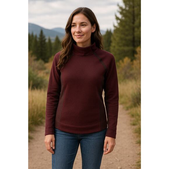 prAna Women’s Wool Blend Snap Neck Pullover Sweater L Burgundy Raglan Panels - Picture 1 of 11